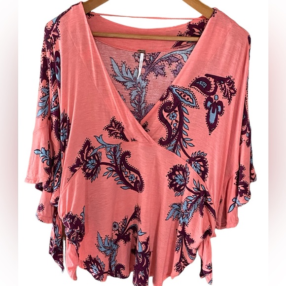 Free People Maui Wowie Printed Knit Flutter Sleeve Boho Top Size Small - Picture 4 of 9